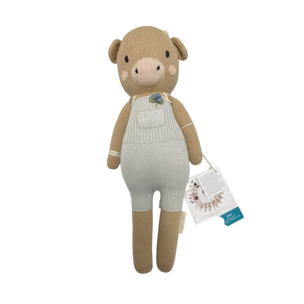 cuddle + kind Asher the Cow Handcrafted Knit Doll Tan Blue Overalls NWT 13 Inch